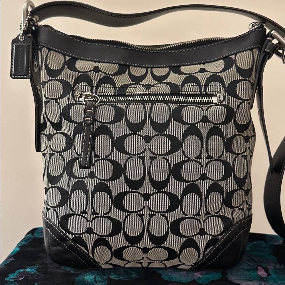Coach Vintage Signature Jacquard Black and Gray Bucket Crossbody Bag